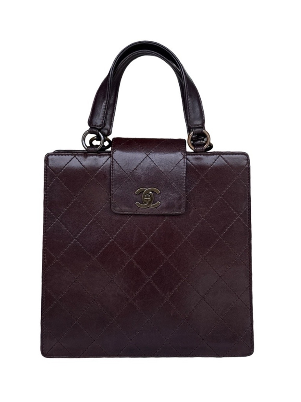 CHANEL Dark Brown Quilted Calf Leather Top-Handle Tote